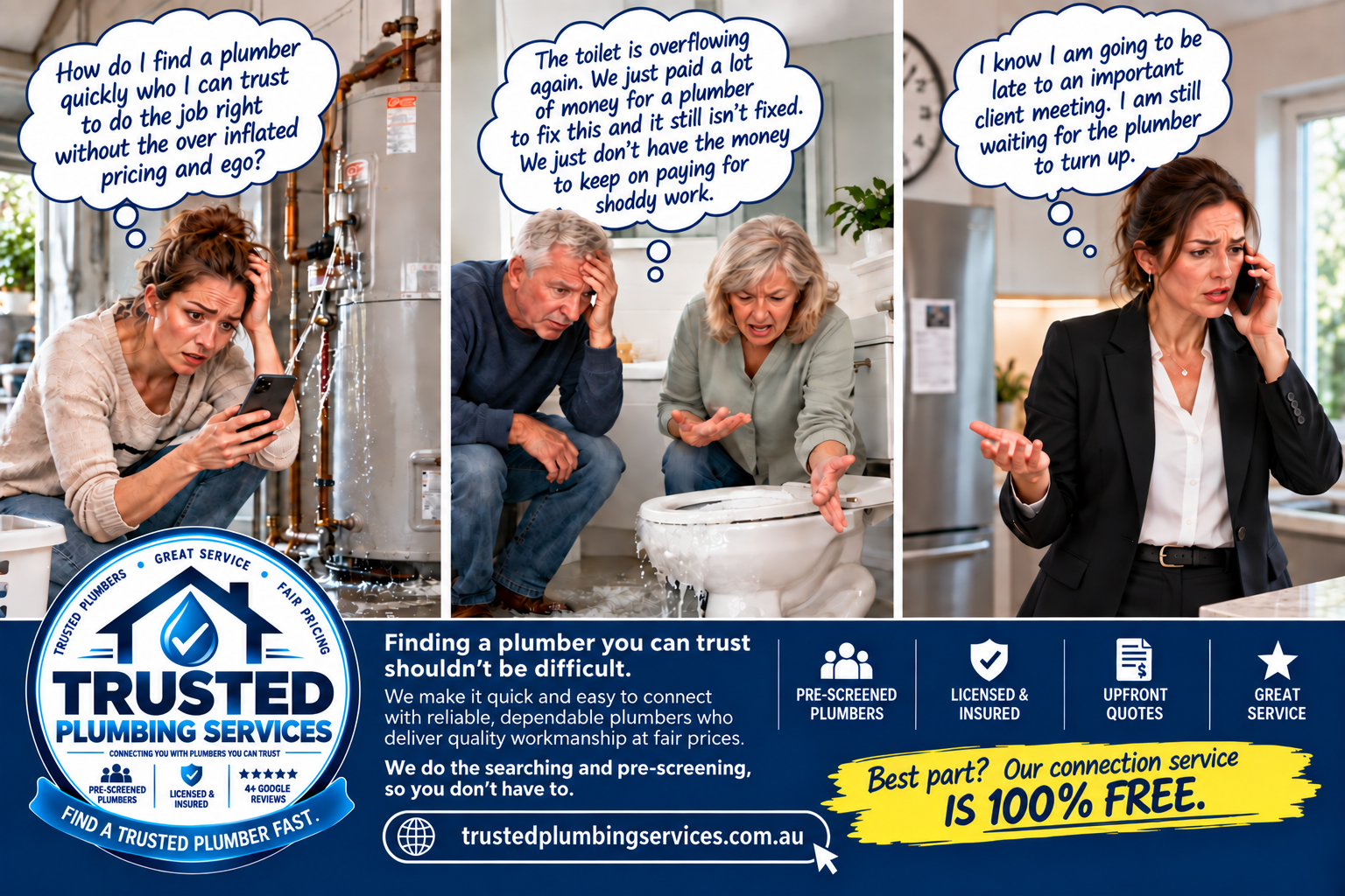Finding a plumber you can trust shouldn't be difficult — pre-screened plumbers, licensed and insured, upfront quotes and great service. Our connection service is 100% free.